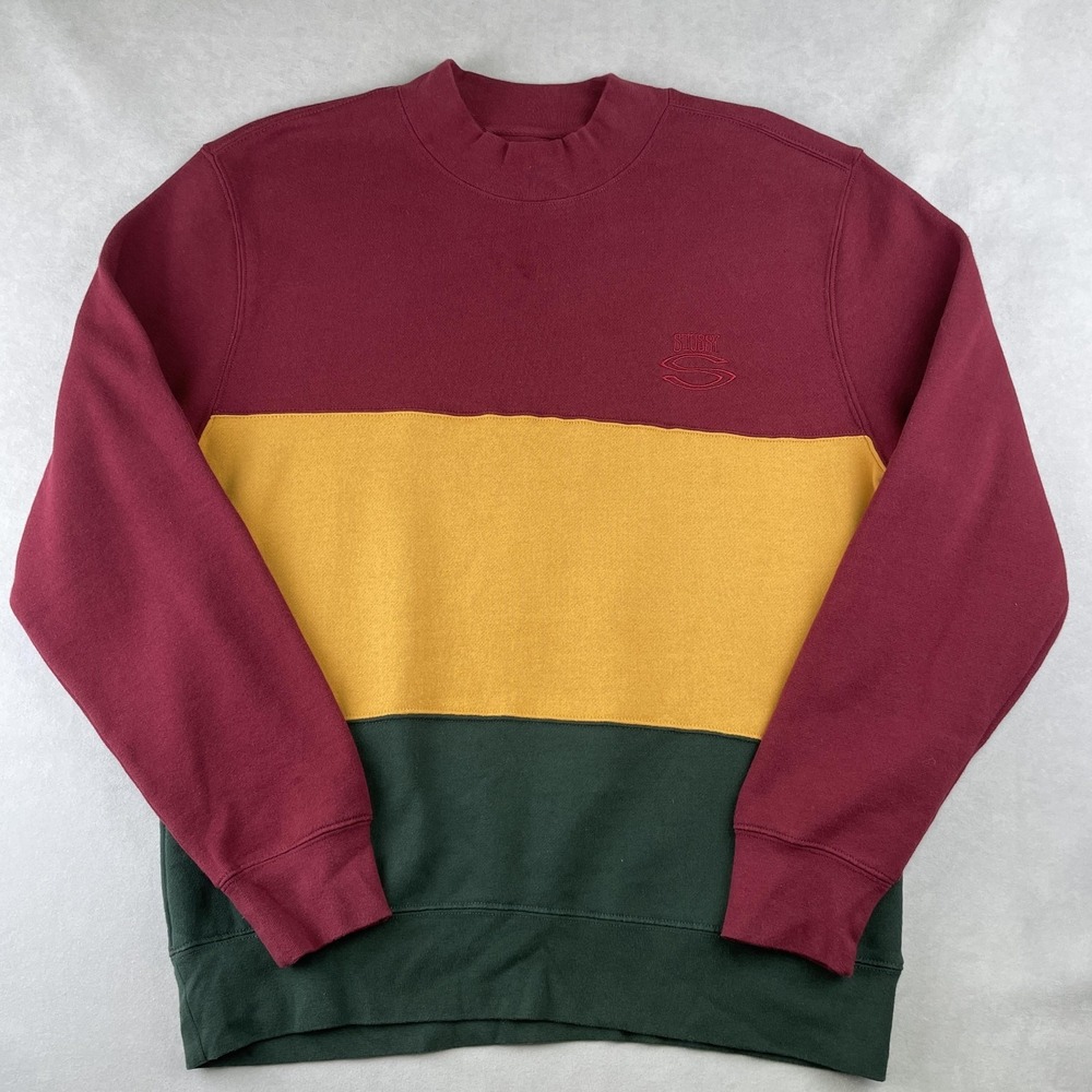 Stussy Sweatshirt Mens M Burgundy Green Colorblock Mock Neck Embroidered 90s Y2K